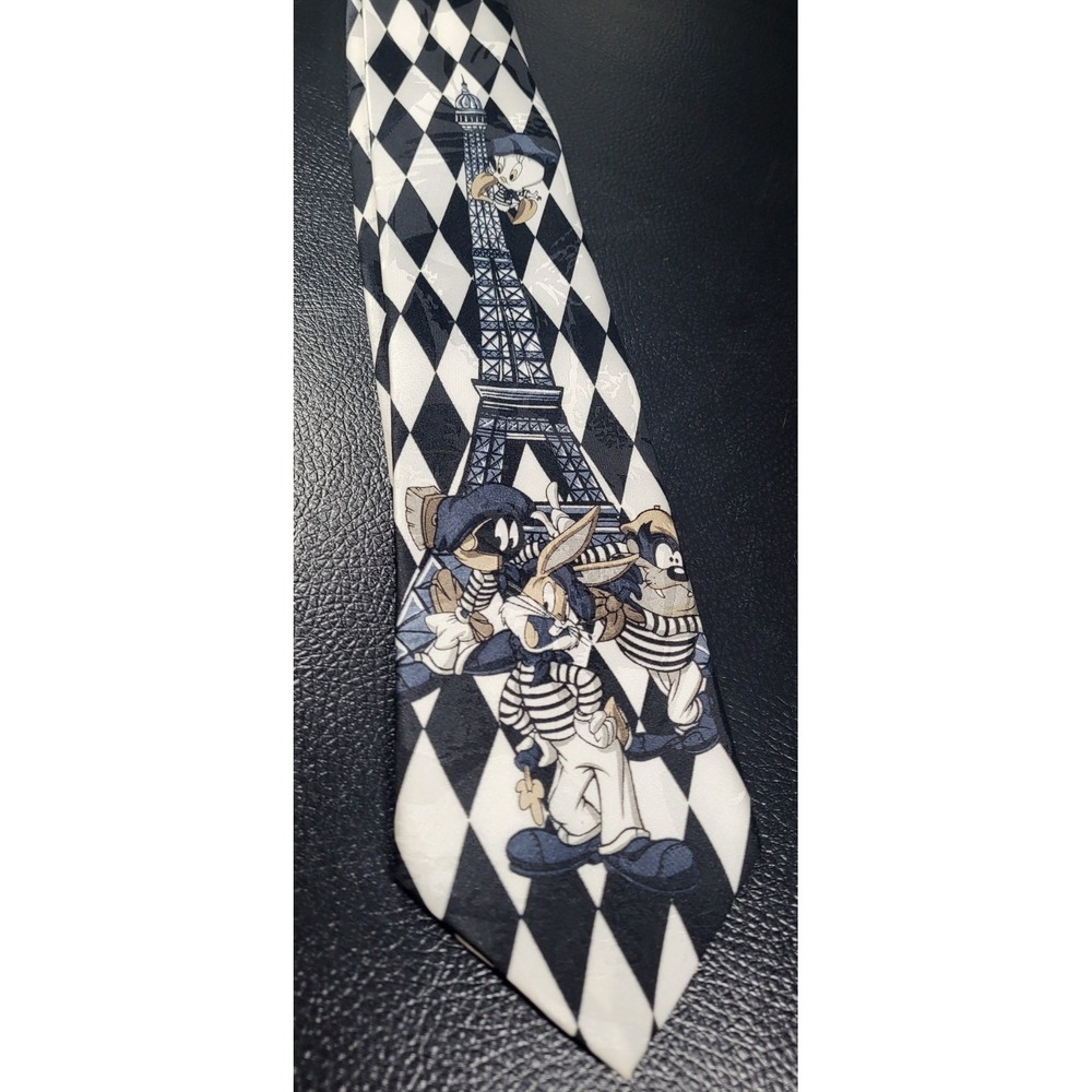 Vintage 1993 Looney Tunes Tie PARIS Poly  Bugs Bunny Taz Retro Tie 3.75"x57.5"